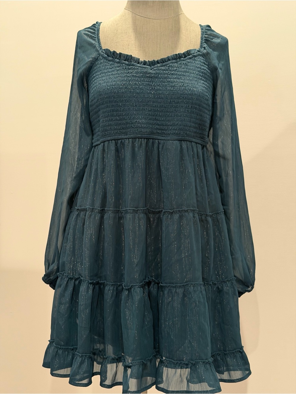 Altar'd State “Rita” Emerald Green Shimmery Tiered Long-Sleeve Mini Dress